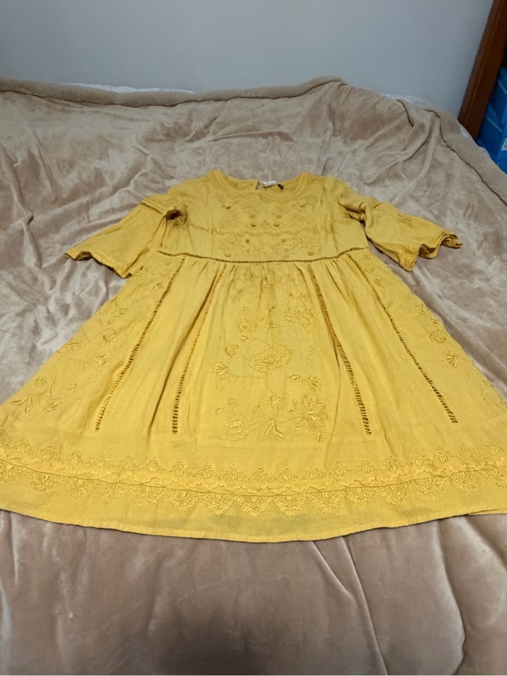 Anthropologie Mustard Yellow Embroidered Mini Dress HippieChic Festival XS